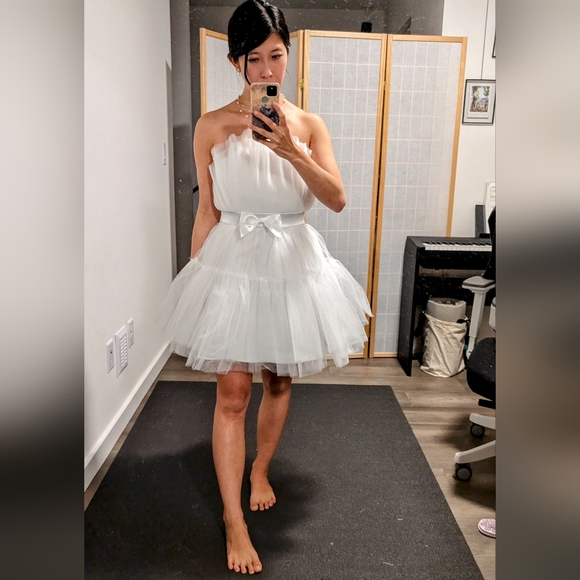 Joyfunear Contrast Mesh Ruffle Hem Bow Front Tube Dress Joyfunear Contrast Mesh Ruffle Hem Bow Front Tube Dress